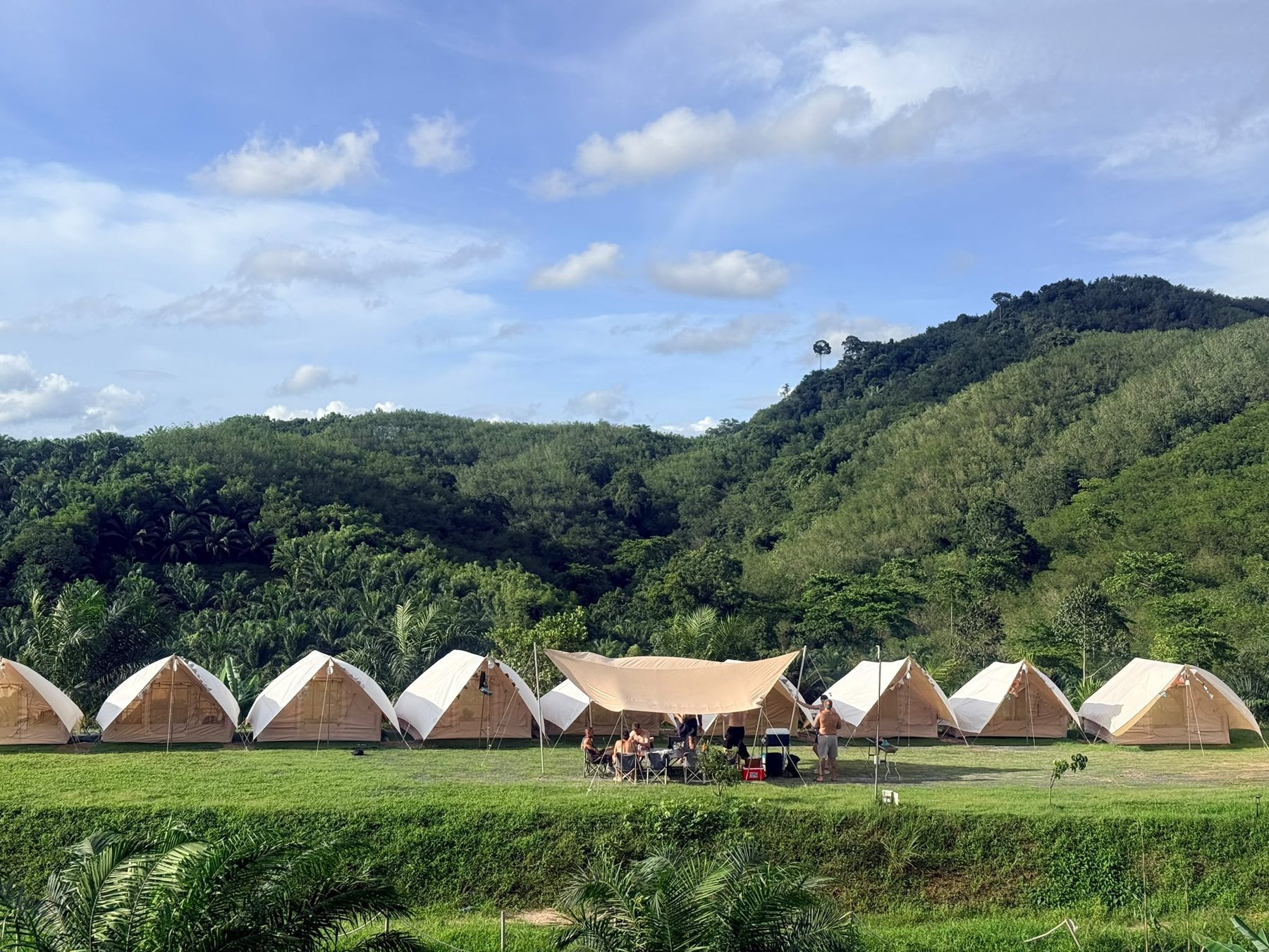 The Pull Up a Sandbag camp set up in a green valley with tents in a row, hills in the background