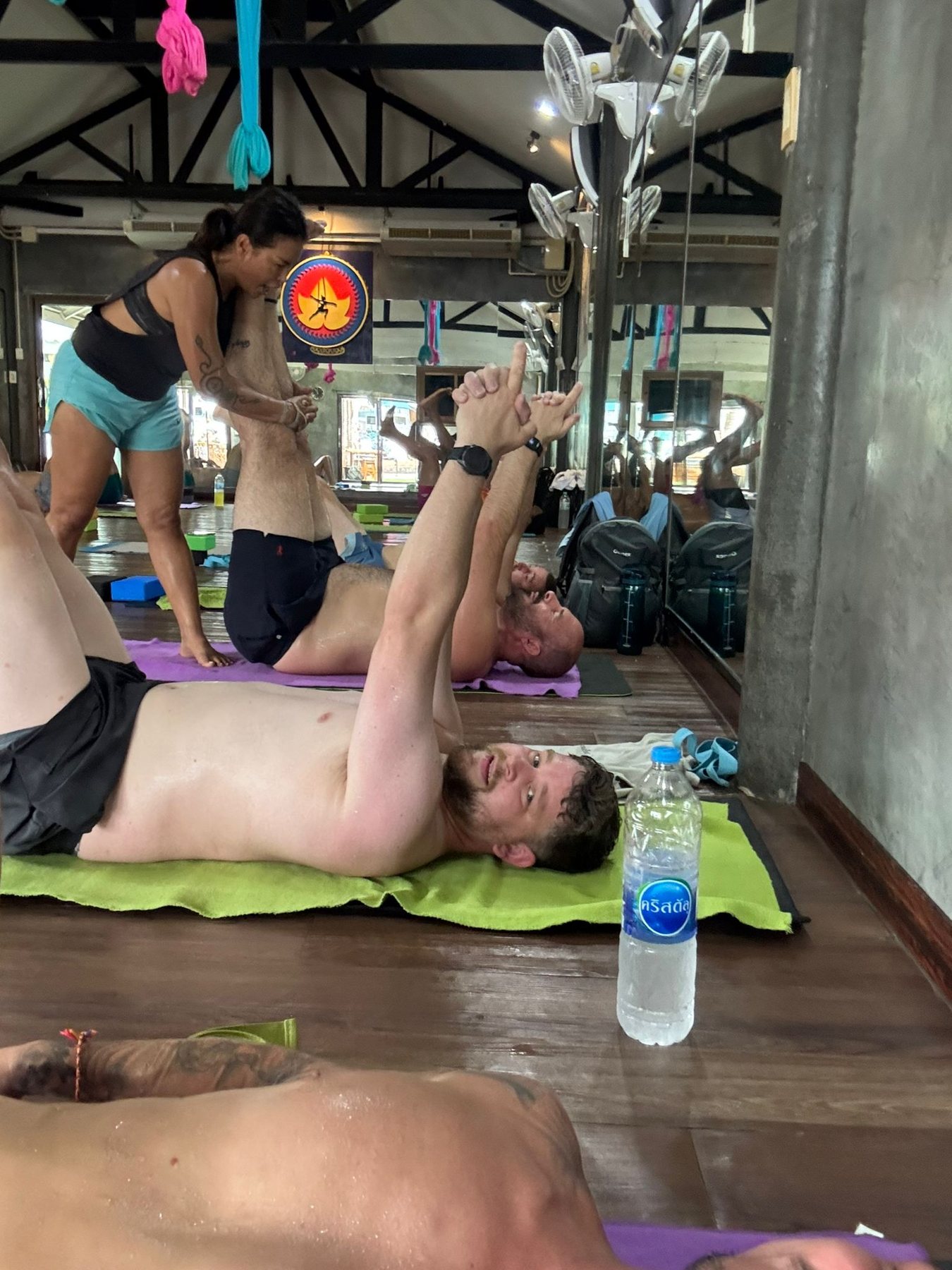 Veterans in a guided yoga and stretching session during the retreat